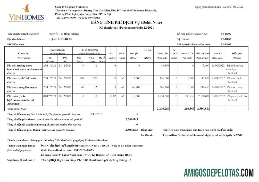 Em branco VIETNÃ VINHOMES Conta de Serviços Públicos Word e Modelo PDF